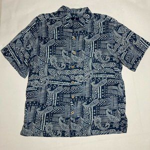 Caribbean Joe Mens Shirt 100% Silk Short Sleeve Button Up Hawaiian Blue Medium